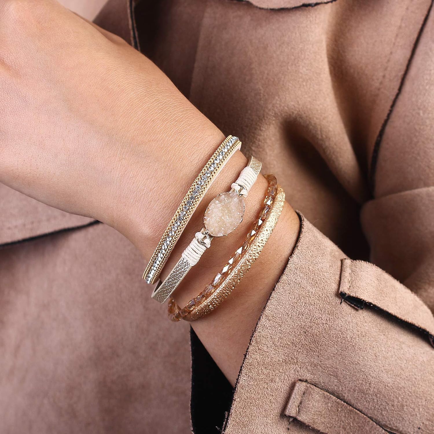 Leather Wrap Bracelet Boho Cuff Bracelets Crystal Bead Bracelet with Magnetic Clasp for Women Handmade Layered Bracelet for Women Teens(7.7", Gold): Clothing