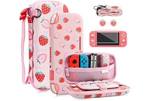 FANPL Case for Nintendo Switch Lite, Cute Pink Strawberry Carrying Case Bundle for Switch Lite Accessories with Soft TPU Cove