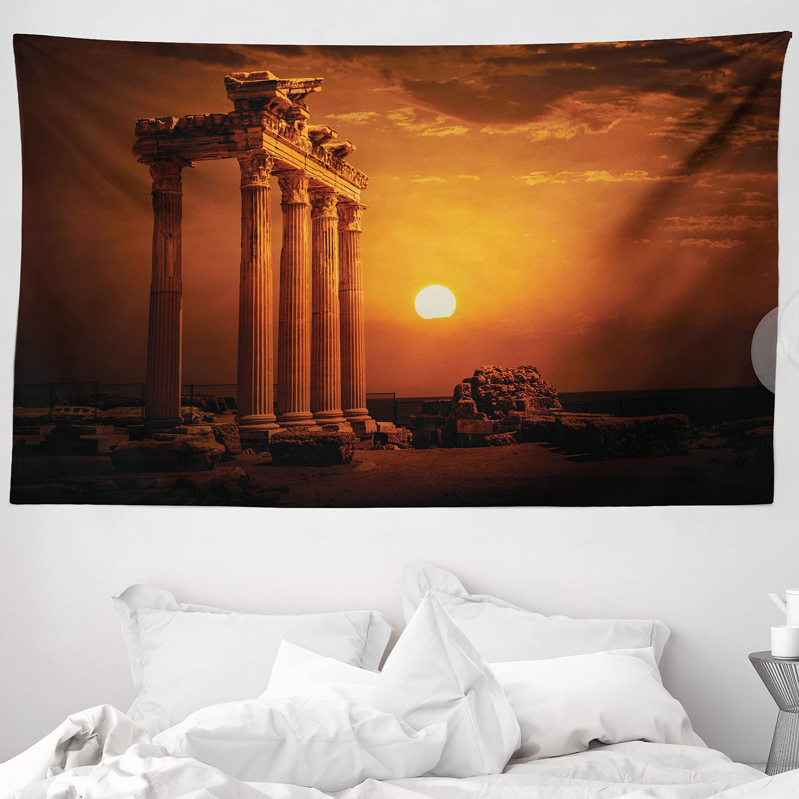 ABAKUHAUS Vintage Tapestry, Antique Style Rome Empire Monuments Columns with Sun Picture, Fabric Wall Hanging Decor for Bedroom Living Room Dorm, 90 W X 54 L, Orange and White