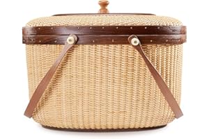 Teng Jin Nantucket Sewing Basket Purse, Containers with Dual Wood Handles .Cane-on-cane weave basket craft basket, with lid with handle