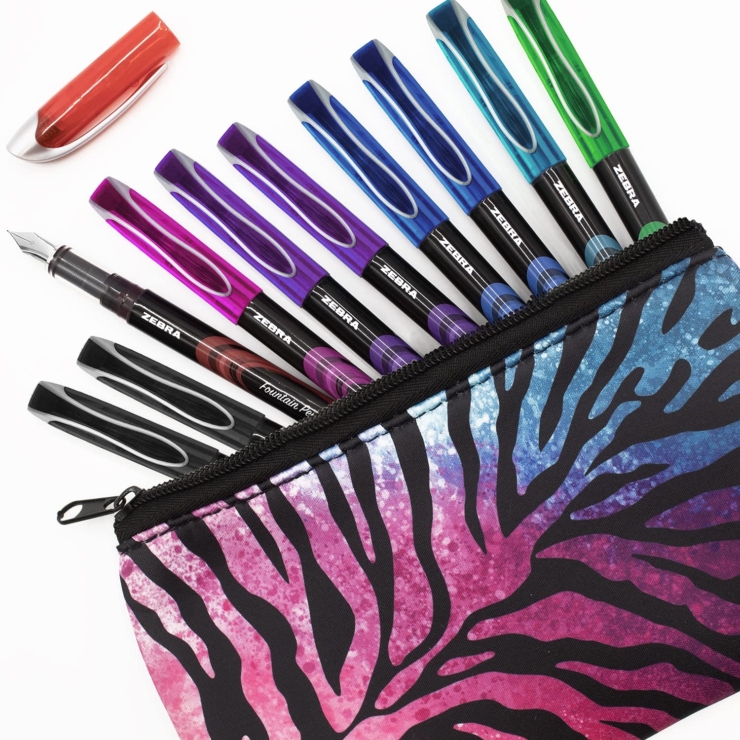 Zebra Fuente - Disposable Fountain Pen - Coloured Ink - Pack of 10 - Includes Pink & Blue Striped Pencil Case
