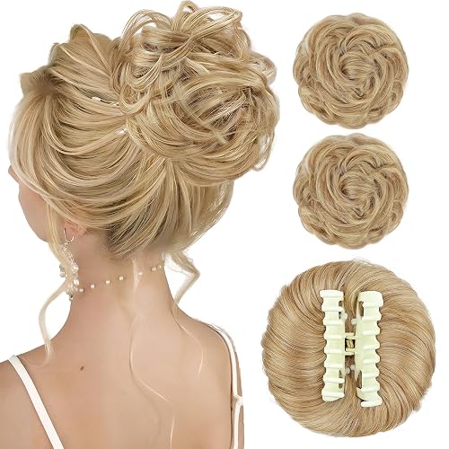 Clip-In Bun Hair Piece - Curly Chignon Updo For Women, Synthetic Hair Extensions (Blonde)