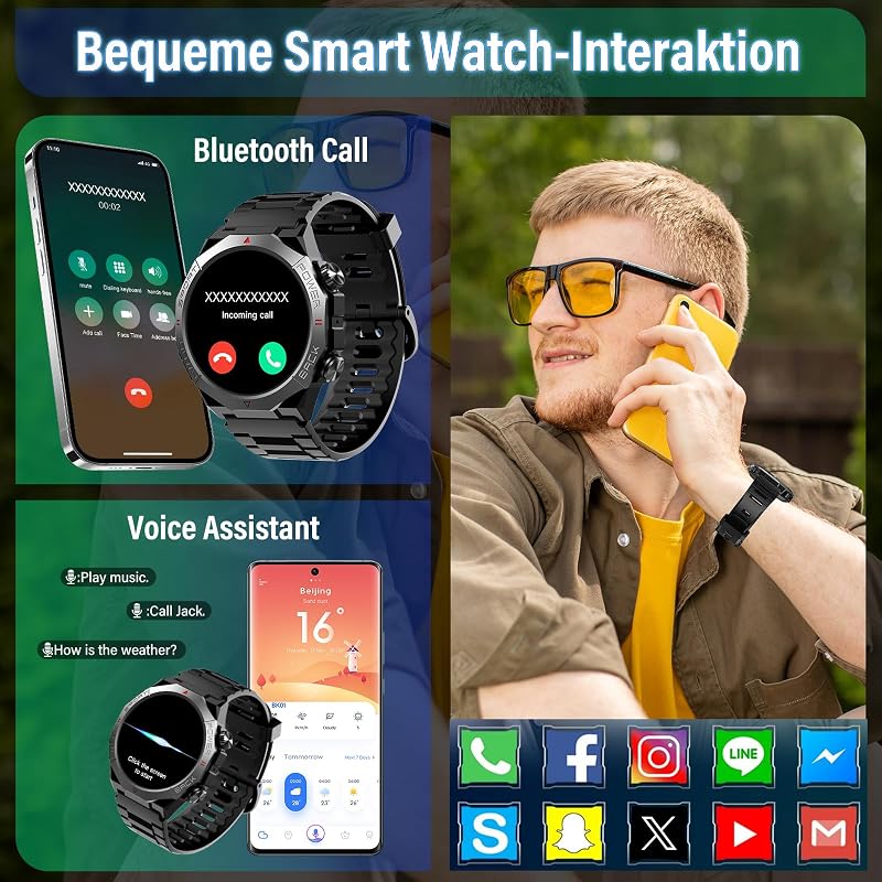 Smartwatch Herren Damen, Militär Smart Watch mit Telefonfunktion, 1,39"HD Touchscreen, IP68 Wasserdicht Sportuhr, 110+Sportmodi Fitness Tracker, Herzfrequenz, Schlafmonitor, Fitnessuhr für iOS Android — Foto 2 von 7