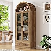 75" Tall Arched Kitchen Pantry Cabinet w Load-Bearing Steel Pipe,Modern Farmhouse Kitchens Storage Cabinet with Drawer and Glass Doors,Tall Arched Bookcase,Pantry Organizer for Living Room(Natural)