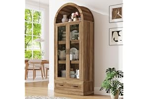 CHARTUSTRIABLE 75" Tall Arched Kitchen Pantry Cabinet w Load-Bearing Steel Pipe,Modern Farmhouse Kitchens Storage Cabinet with Drawer and Glass Doors,Tall Arched Bookcase,Pantry Organizer for Living Room(Natural)