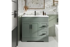 eclife 36" Bathroom Vanities Sink Combo with Painted Surface, Modern Drawered Cabinet W/Decorative Wave Lines, Undermount Single Sink, Matte Black Faucet Drain, Gray Green