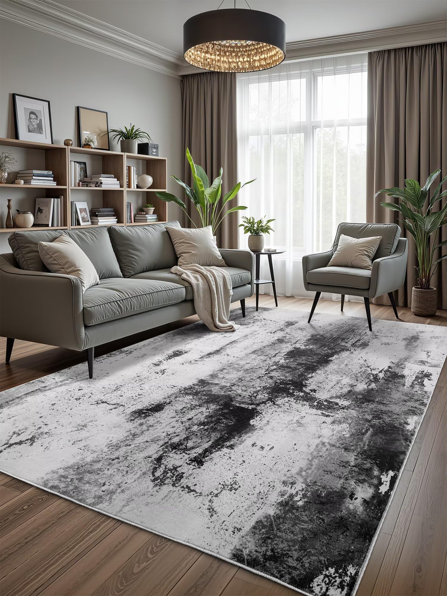 Macgace Washable Abstract Rug, 7x10 Modern Area Rugs with Non-Slip Rubber Backed for Living Room, Thin but Soft Contemporary Carpet Kitchen Bedroom Dining Room Decor, Black Grey