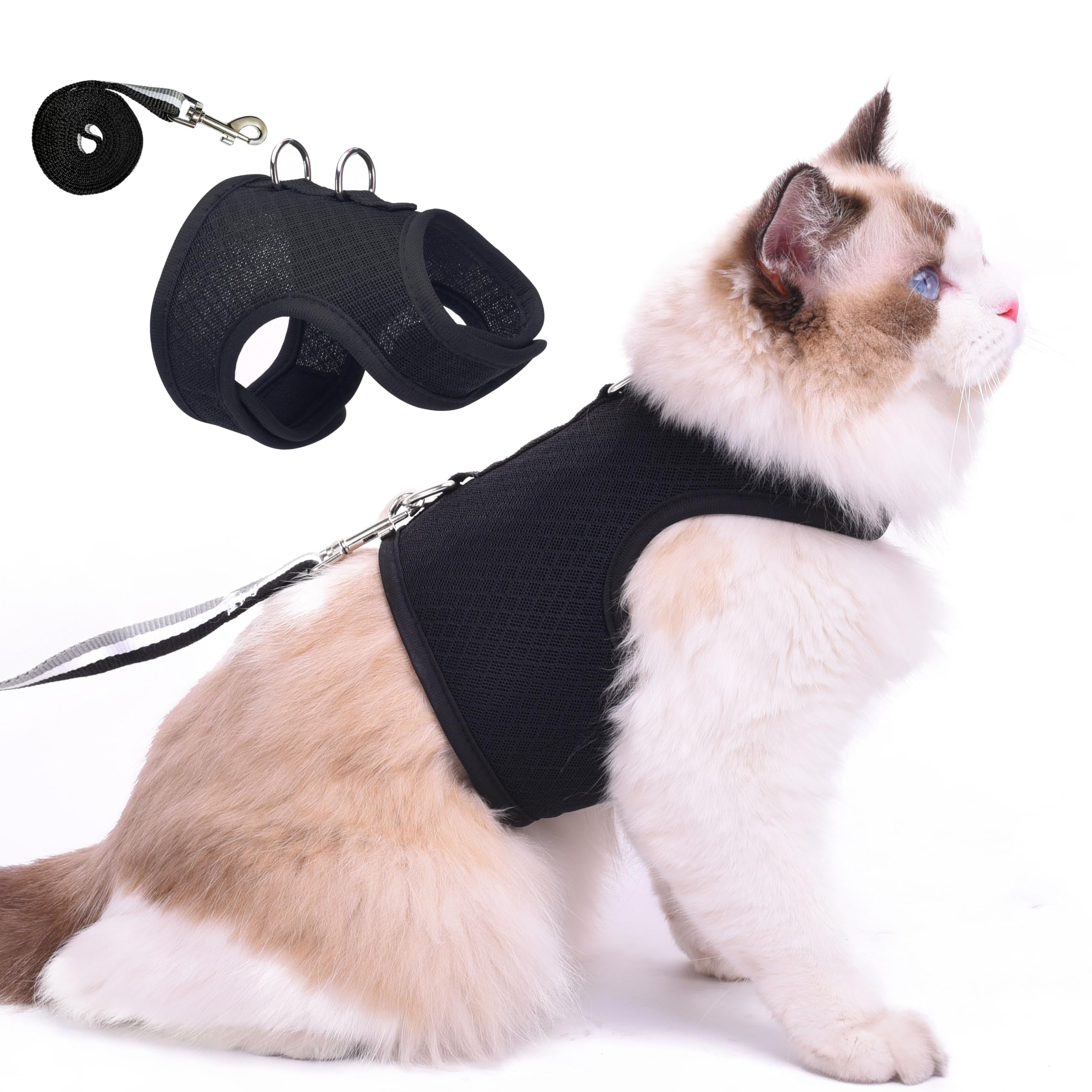 Photo 1 of Kitty Harness and Leash for Walking Escape Proof Breathable Mesh Fabric, Solid Black, X-Small, Adjustable Cat Walking Jackets, Padded Stylish Cat Vest