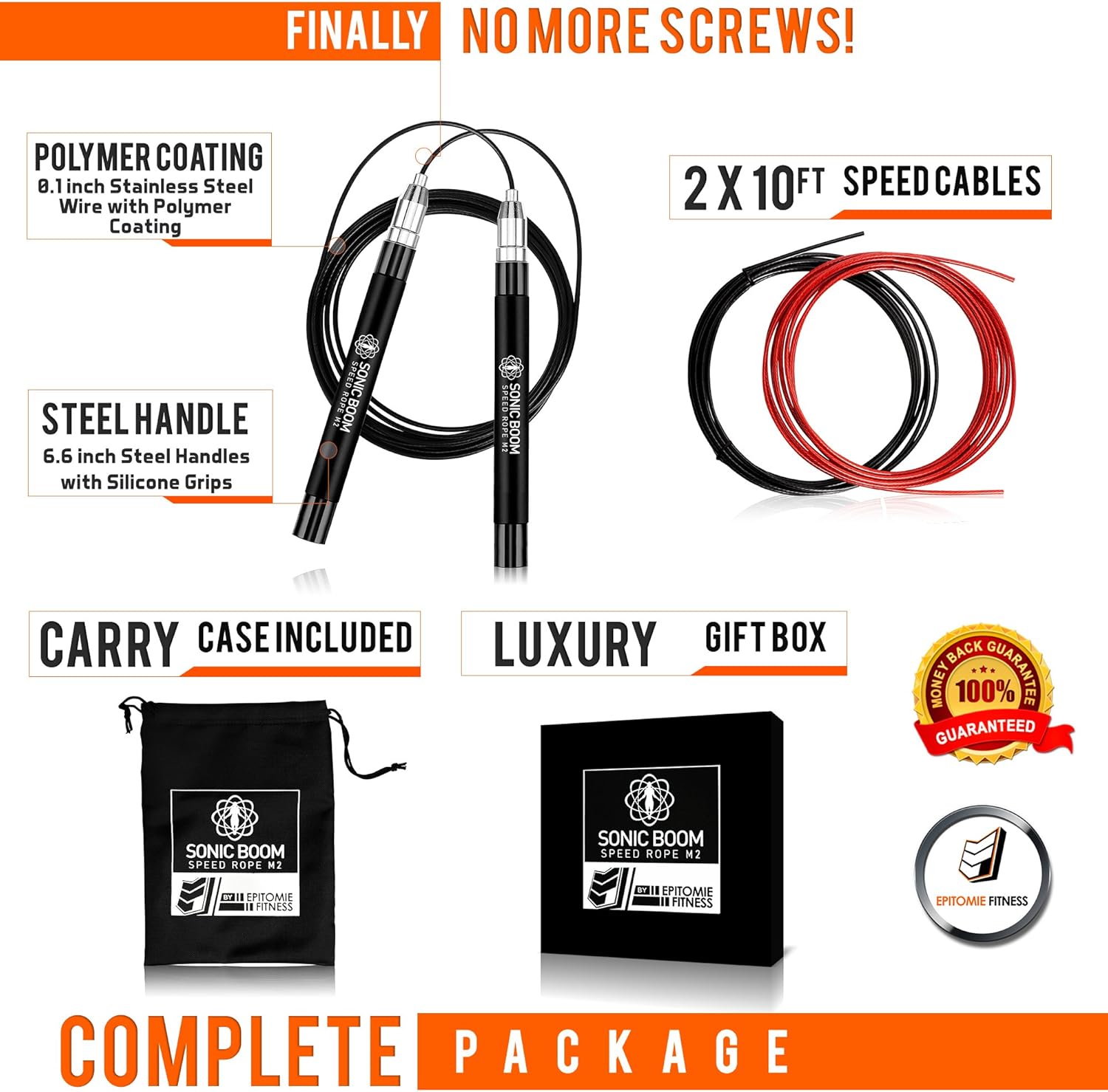 Sonic Boom M2 High Speed Jump Rope - Patent Pending Self-Locking, Screw-Free Design – Weighted, 360 Degree Spin, Silicone Grip with 2 Speed Rope Cables for Home Workout, & More : Sports & Outdoors