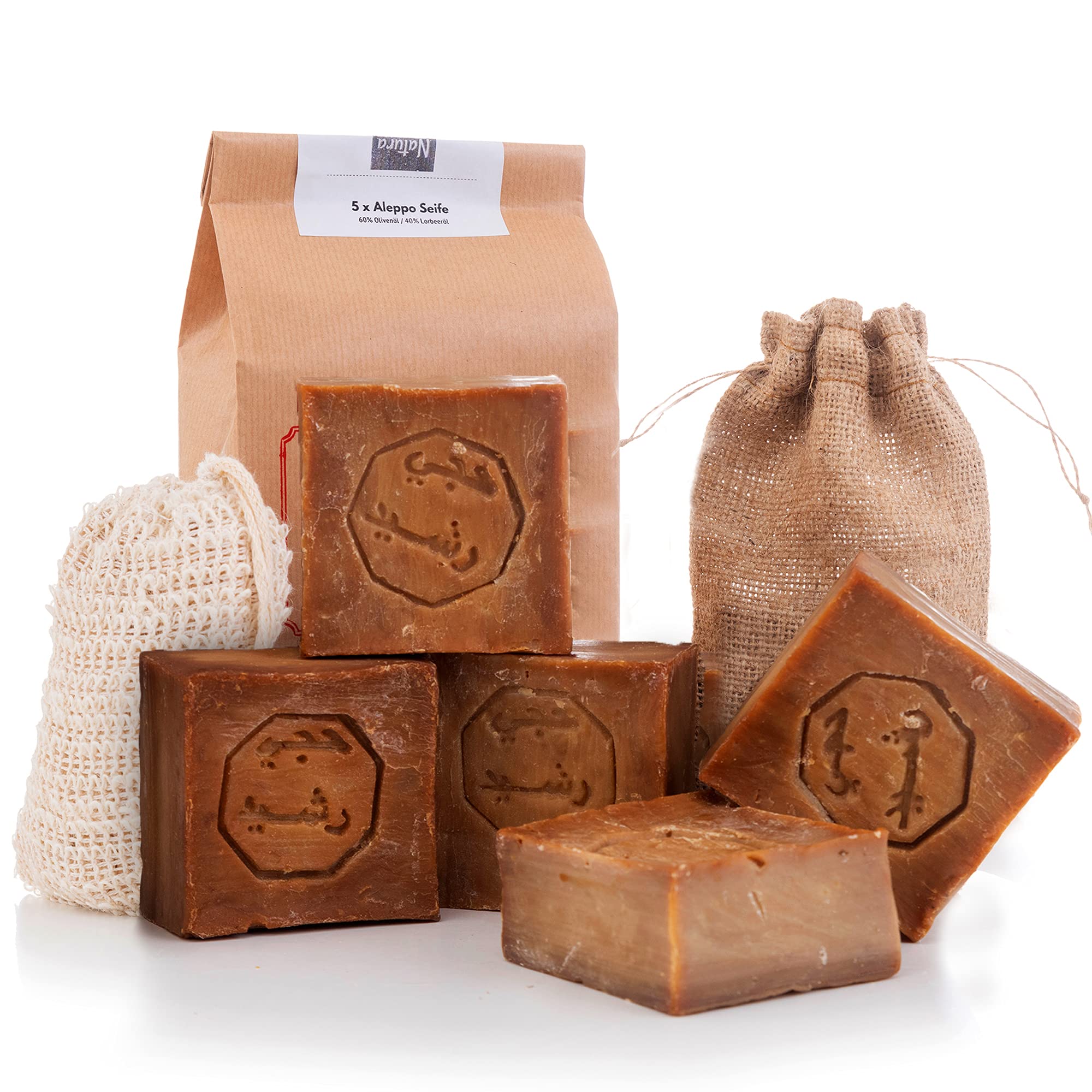 Aleppo Soap 5x 60% Olive Oil, 40% Laurel Oil + 1x Sisal Soap Bag + 1x Storage Bag(each soap approx.200gr)|hair,natural,shower soap | handmade + vegan