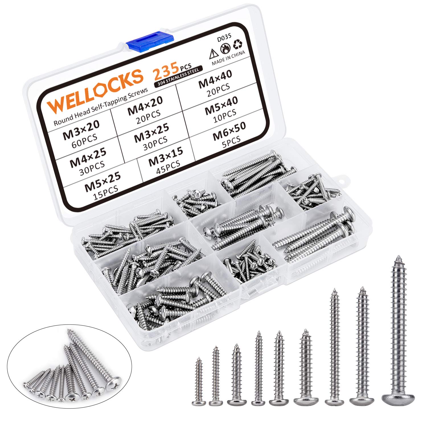 WELLOCKS Screws Set 235 PCS 304 Stainless Steel, M3/M4/M5/M6 Self Tapping Screws Assortment Set, Round Head Rust Proof Wood Screw Kit with Storage Box for Homemade, Repairment, Woodwork Indoor(D035)