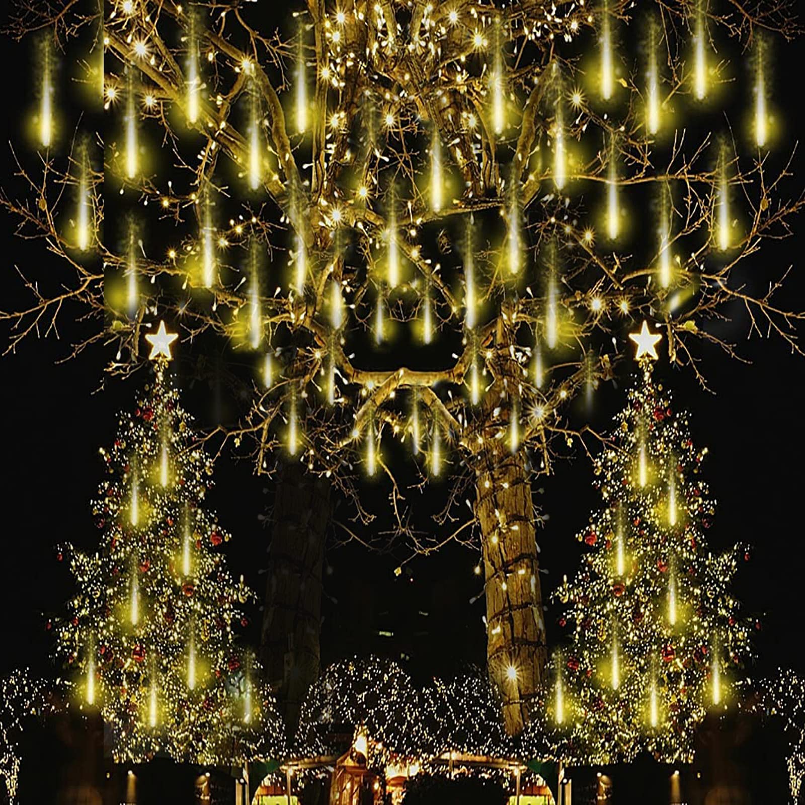 LED Meteor Shower Solar Lights Garden,KINGCOO Waterproof Falling Raindrop Cascading Decorative String Lights with 30cm 10 Tubes 360LEDs for Holiday Party Wedding Christmas Tree Decoration (Warm White)