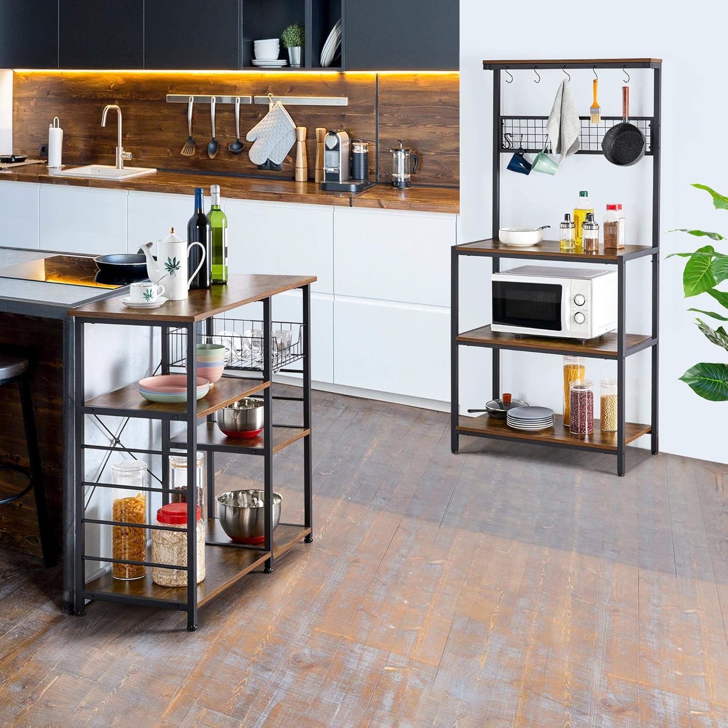 Yaheetech Industrial Kitchen Bakers Rack, 4 Tier Microwave Oven Stand Organizer, Mesh Panel with 10 Hooks, Standing Cupboard with Storage Shelves, Stable Metal Frame, Easy Assembly: Kitchen & Dining