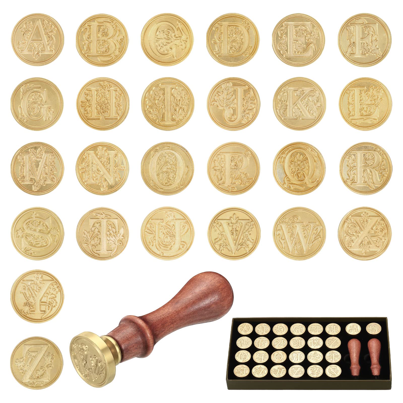 PATIKIL Alphabet Wax Seal Stamp Kit, 26 Letters A-Z Sealing Wax Stamp with 2pcs Wooden Handles, Gift Box Letter Initial Brass Head Vintage