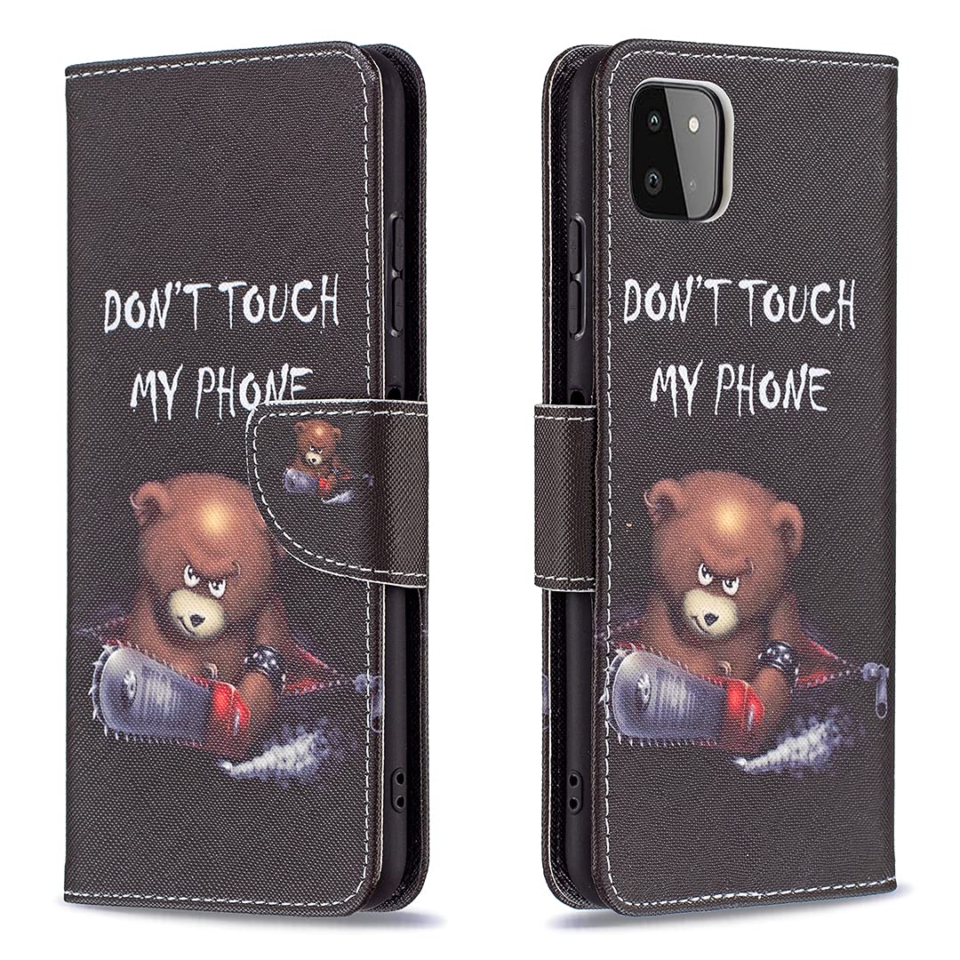 Thoankj Samsung Galaxy A22 5G Case Shockproof Slim PU Leather Flip Pouch Wallet Phone Silicone Cover with Magnetic Stand Card Holder Slot Protective Smartphone Cases for Samsung A22 5G Chainsaw Bear