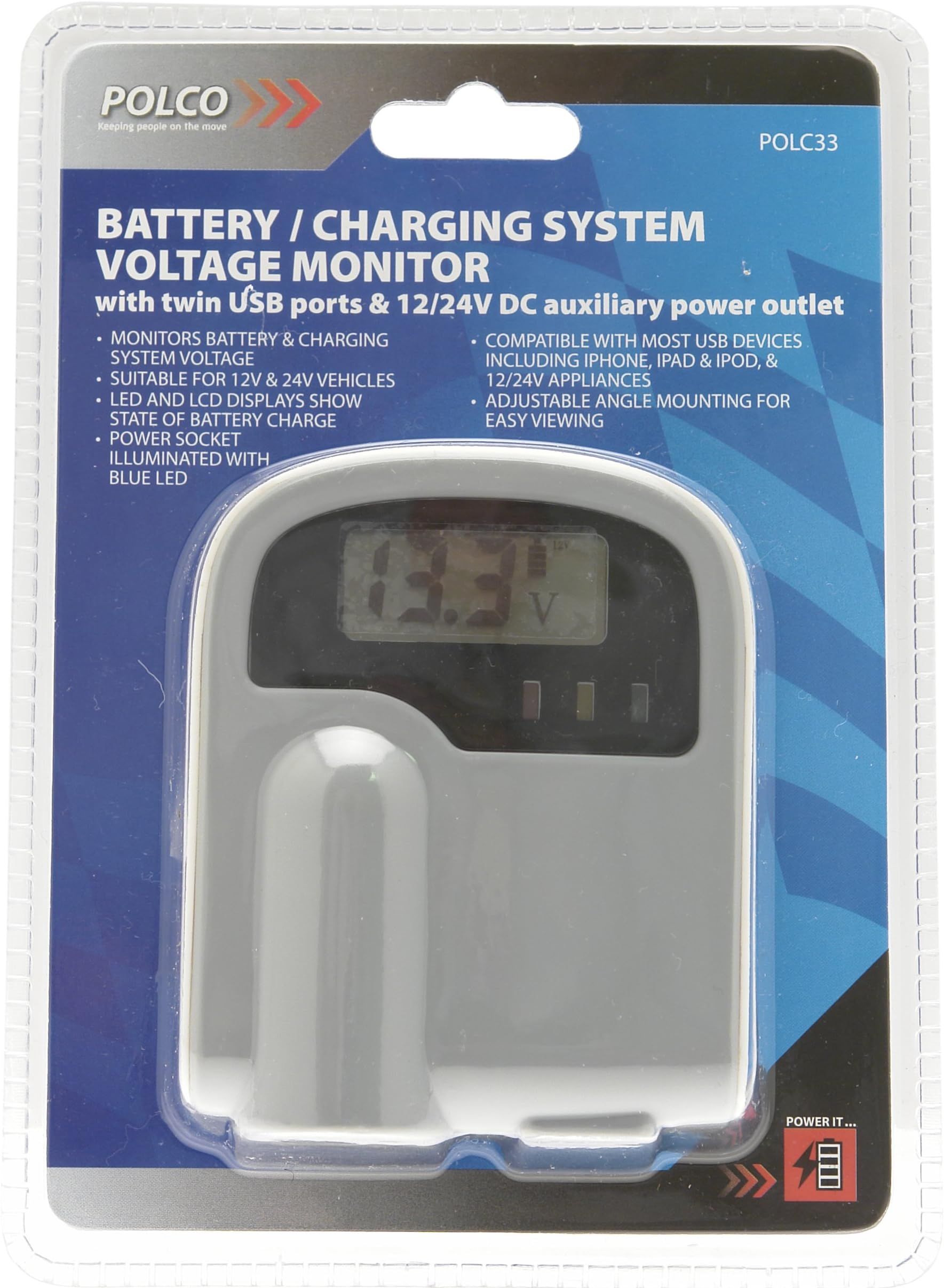 Polco Power ItPOLC33 Battery/Charging System Monitor, 12/24 V