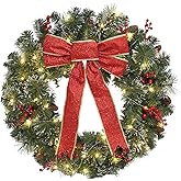 Christmas Wreath Front Door Wreath - 24 Inch Pre-Lit Outdoor Wreaths for Front Door Battery Operated 55 White Lights Bulbs Christmas Decoration Wall Wreath Outside DiliComing