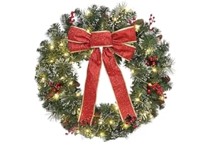 Christmas Wreath Front Door Wreath - 24 Inch Pre-Lit Outdoor Wreaths for Front Door Battery Operated 55 White Lights Bulbs Christmas Decoration Wall Wreath Outside DiliComing