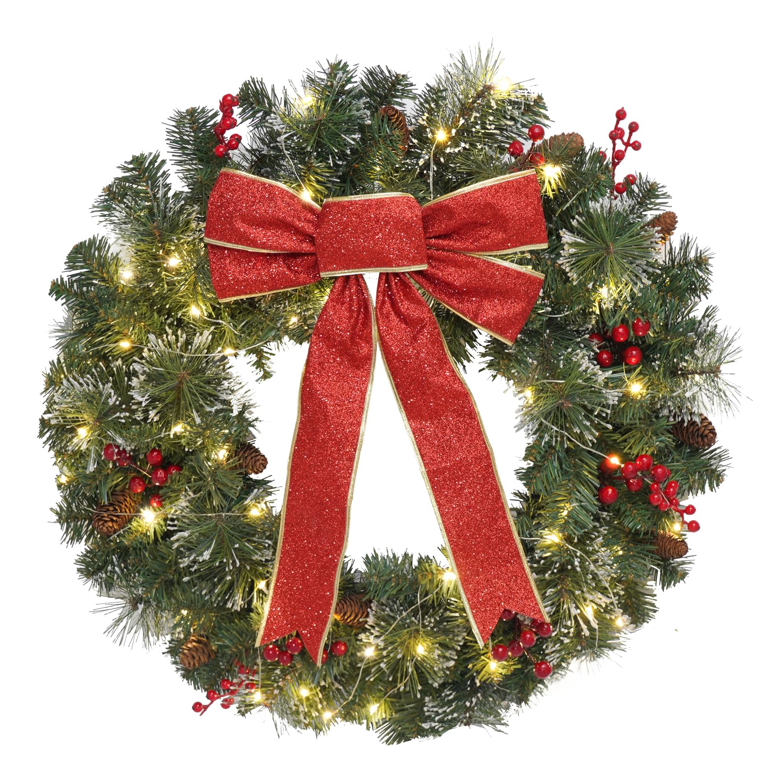 Photo 1 of Christmas Wreath Front Door Wreath - 24 Inch Pre-Lit Outdoor Wreaths for Front Door Battery Operated 55 White Lights Bulbs Christmas Decoration Wall Wreath Outside DiliComing