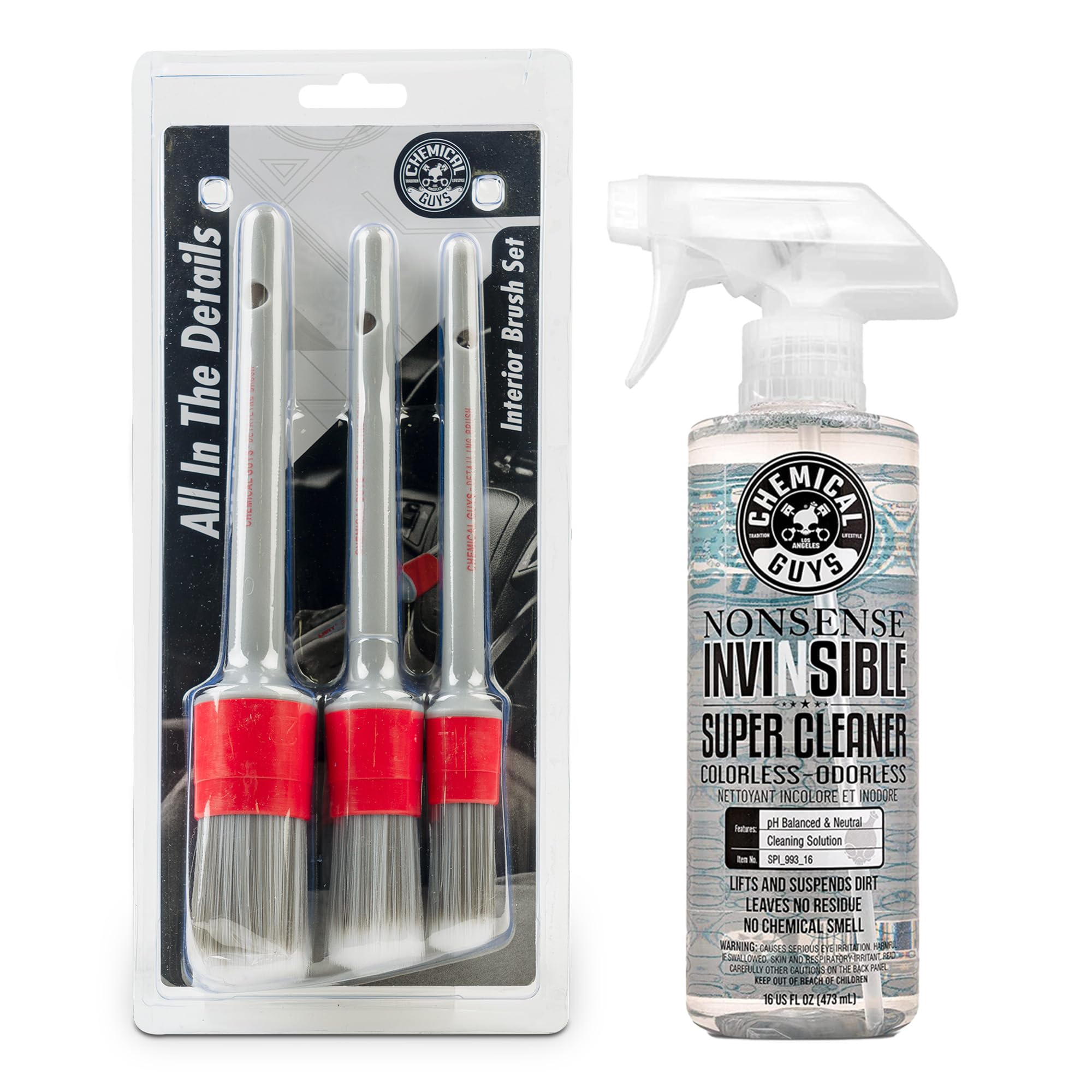 Chemical Guys Car Cleaning and Detailing Brush Set with Invinsible No-Nonsense Surface Cleaner Image