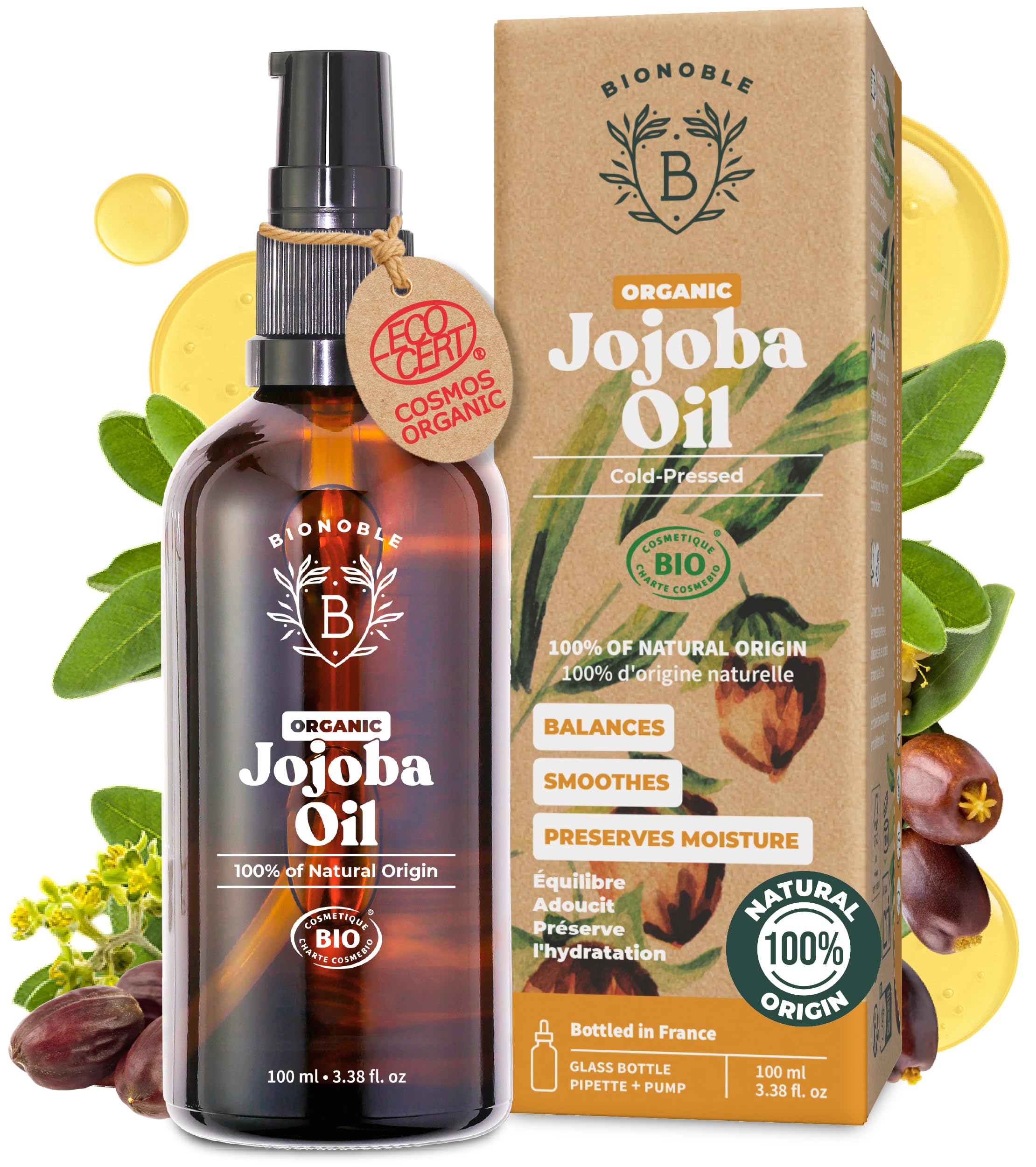 BIONOBLE Organic Jojoba Oil Cold Pressed Unrefined - Balances Sebum, Smoothes, Anti-Acne - 100% Pure Jojoba Oil for Skin, Face, Hair, Body - Vegan, Hexane Free - Glass Bottle, Pipette and Pump - 100ml