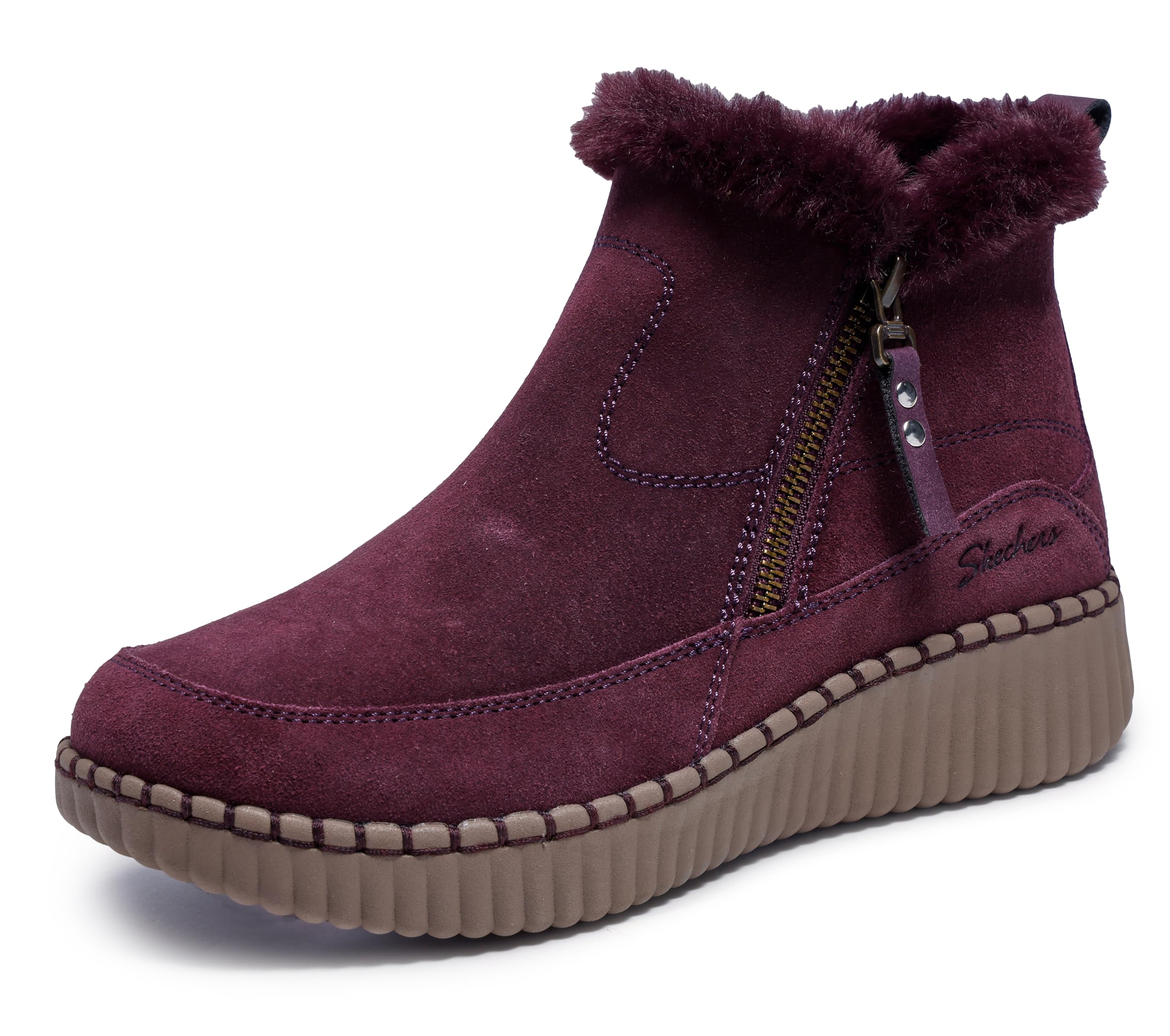 Skechers Women’s WILSHIRE BLVD – FRESH ZIP, Side zip mid bootie with faux fur collar, WINE, 8.5M