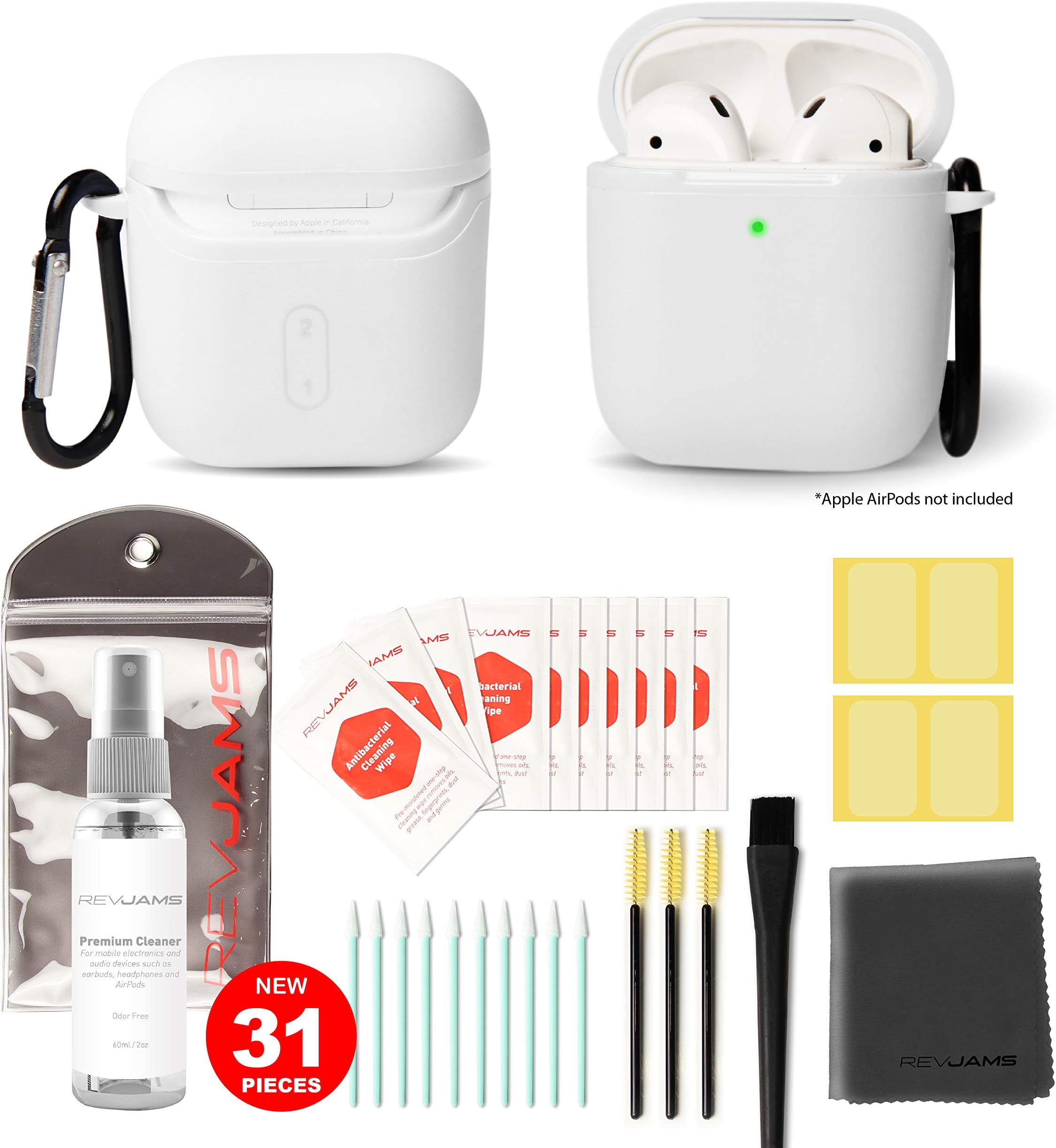 RevJams 31pc Cleaning Kit and Hard Case COMBO for Apple AirPods, Pro, AirPods 2 - Our Specially Formulated Cleaning Solution, Microfiber Cloth, Safe Brushes,Dust Stickers,Swabs, and More, New Version