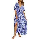 BTFBM 2025 Womens Summer Boho Dress Tie Front Deep V Neck Cutout Short Sleeve Casual Party Floral Beach Maxi Dresses