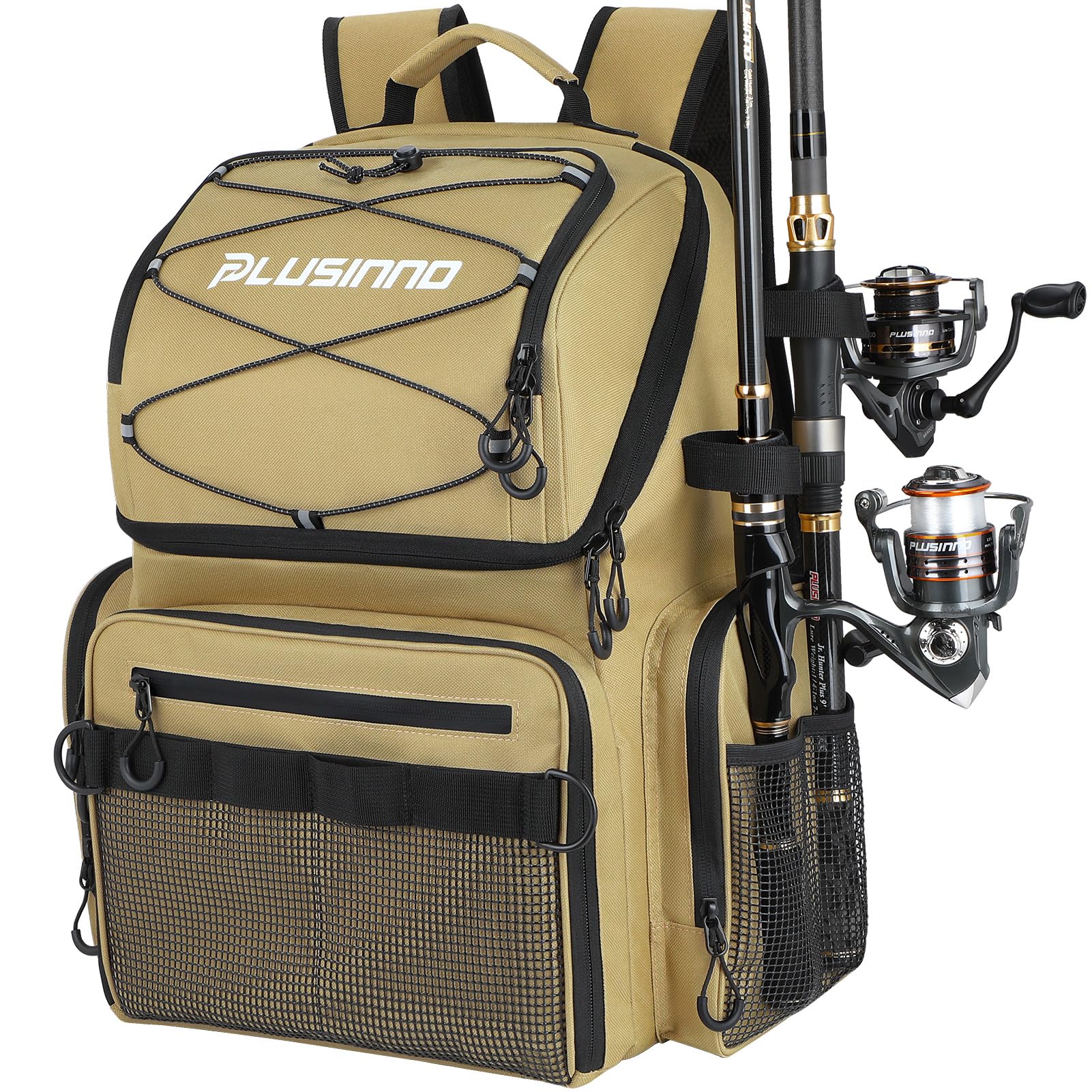 PLUSINNO Fishing Backpack with Rod Holders & Cooler, 45L Large Water-resistant Fishing Tackle Bag,Fishing Tackle Backpack Store Fishing Gear For Camping, Hiking, Fishing Gifts for Men Father Image