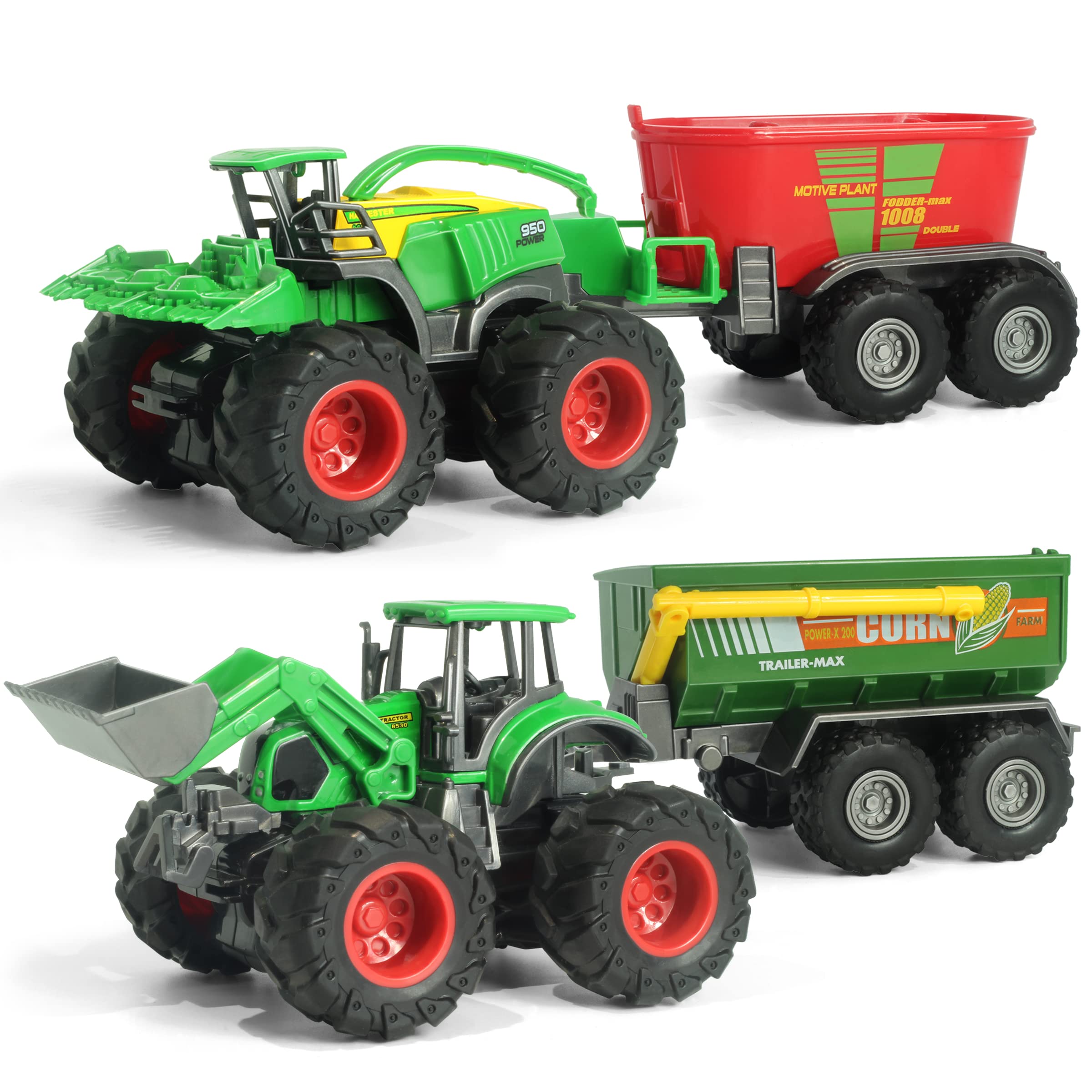KARMOUNT Farm Tractor with Trailer, Friction Powered Tractor with Front Loader made of Metal/Plastic, Play Vehicle Farm Trailer Tractor Toys for 3 year olds (4pcs Set1), (SQ86001-1)