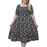 Nemidor Womens Casual Plus Size Midi Dress Summer Floral Print Puff Sleeve Smocked Long Boho Dresses with Pocket 16-26