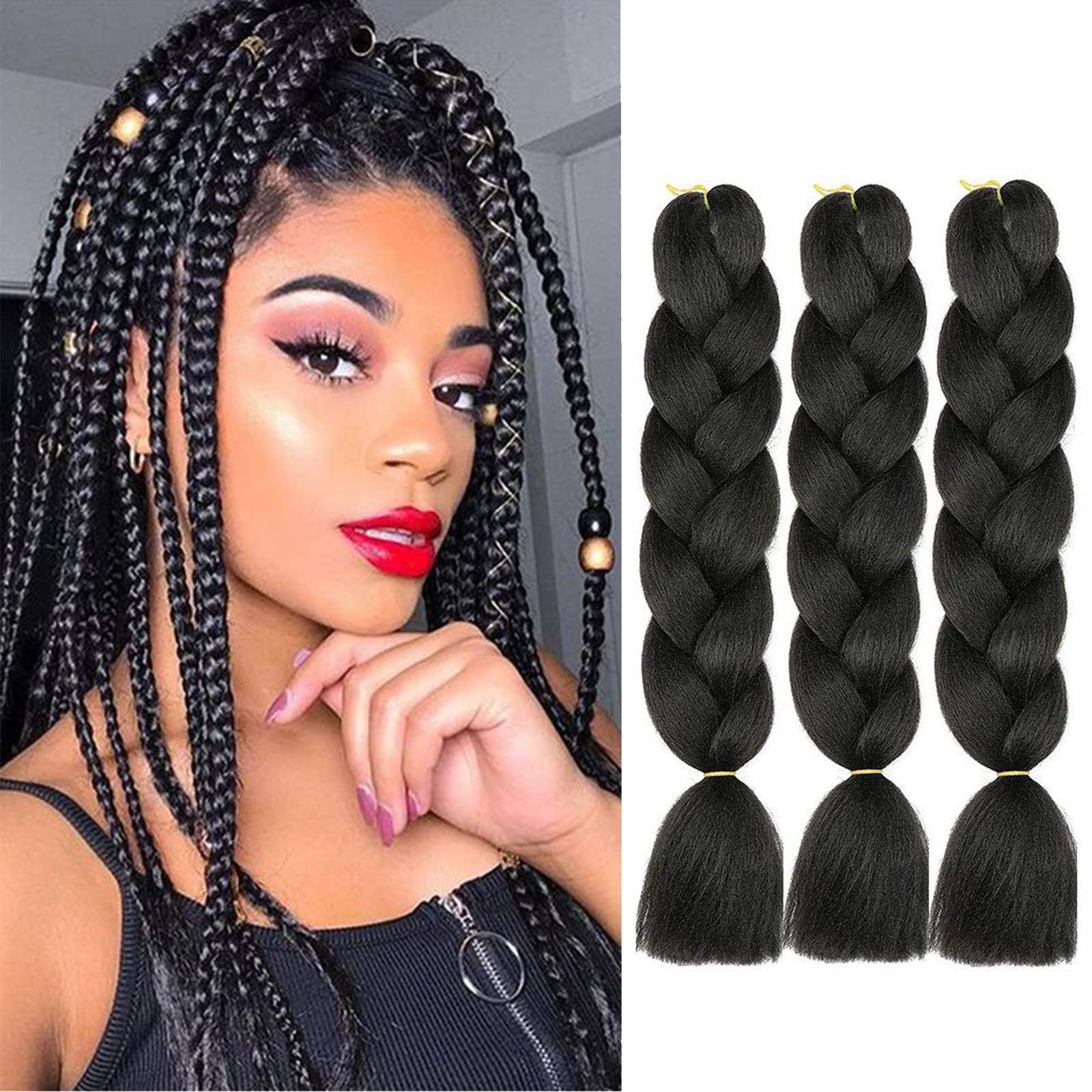WoWCFyyds Braiding Hair Kanekalon 3 Packs Ombre Jumbo Braids Extension Hair 24 inch Professional Hair Extension For Braiding Crochet Twist Braids Synthetic Hair（Black）