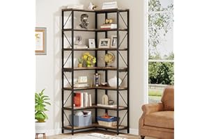 TIYASE 7-Shelf Corner Bookshelf, Industrial Large Corner Etagere Bookcase, 7-Tier Tall Corner Shelf Display Storage Rack with Metal Frame for Living Room Home Office, Rustic Brown
