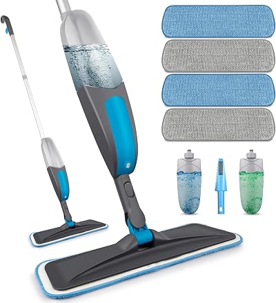 BPAWA Spray Floor Mop with 2x 550ML Bottles 4 Reusable Pads Microfibre