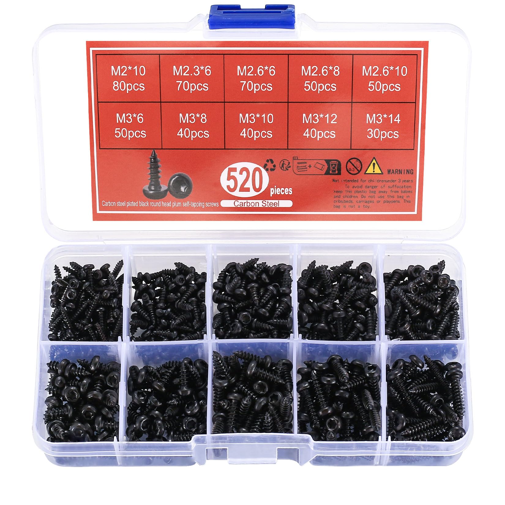 520 Pcs Mini Self Tapping Screws (M2-M3 Micro Size) | Small Black Torx Screws Kit | Tiny Round Head Screws for Wood Plastic Metal | Mini Size M2/M2.3/M2.6/M3