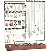 ProCase Jewelry Organizer Stand Earring Holder Organizer, 6 Tiers Earring Organizer Tree Necklace Rack Jewellery Tower Bracelets Holder Storage with Removable Wooden Ring Tray for Women Girls -Black