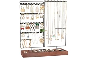 ProCase Jewelry Organizer Stand Earring Holder Organizer, 6 Tiers Earring Organizer Tree Necklace Rack Jewellery Tower Bracelets Holder Storage with Removable Wooden Ring Tray for Women Girls -Black