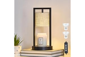 GYROVU Candle Warmer Lamp with Timer, 3-Level Dimmable Candle Lamps Linen Fabric Shade, Electric Candle Light Wax Melt Warmer for Scented Wax, Black Warmer Lamp for Women Home Decor (2 Bulbs Included)