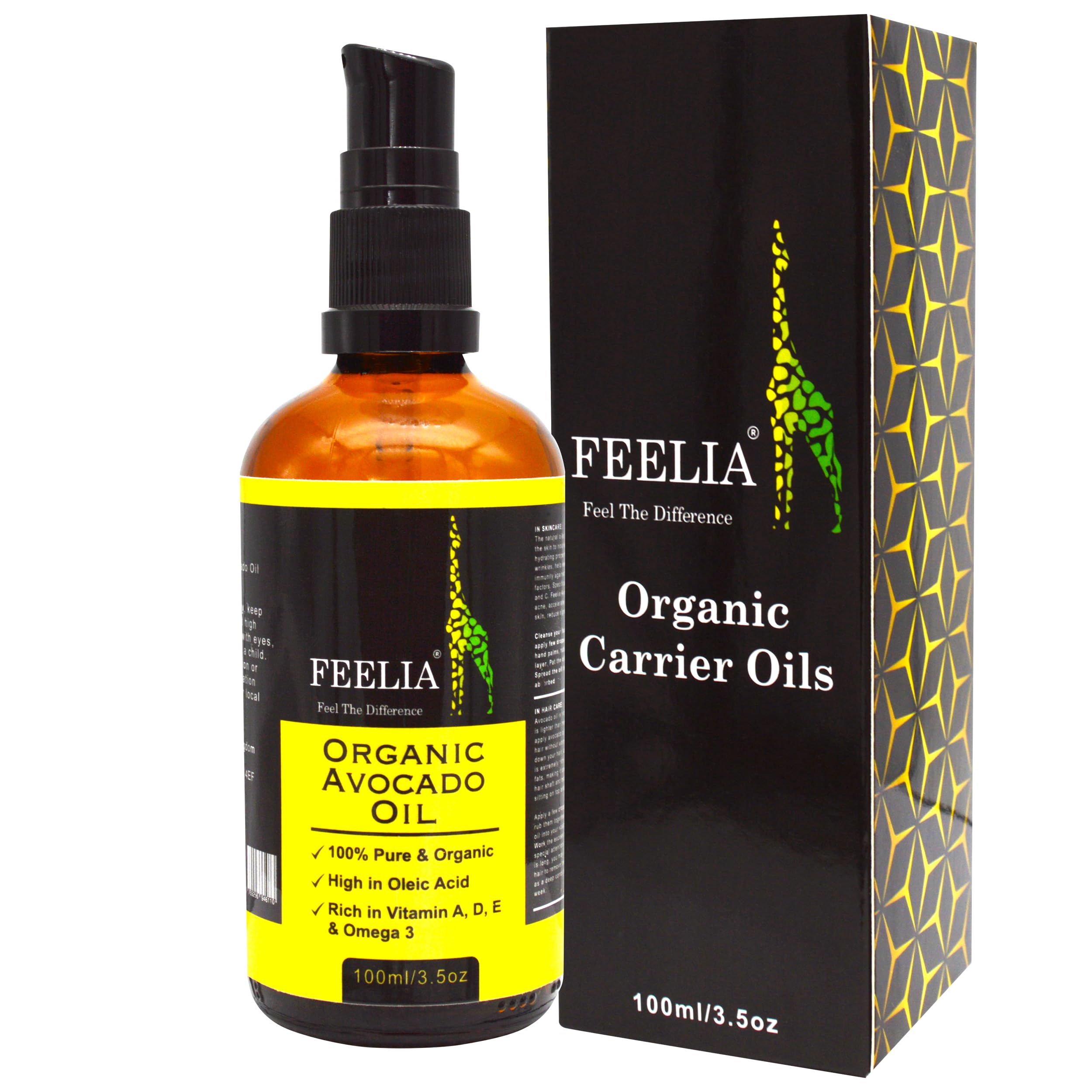Feelia - Organic Avocado Oil - Cold Pressed, Rich in Vitamins A, D, E & Omega 3, High in Oleic Acid, 100% Pure & Organic - 100ml