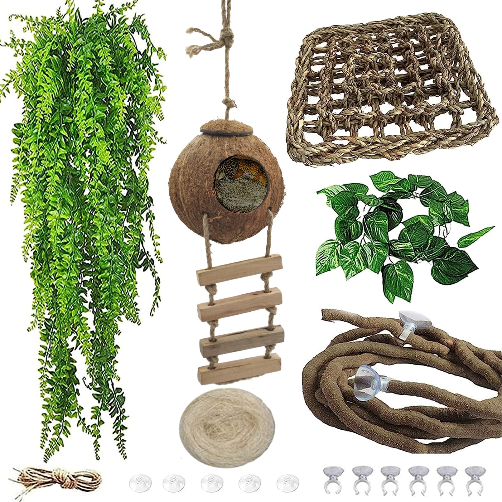 Photo 1 of MUYG 6PCS Crested Gecko Coconut Hut, Lizard Coco Den with Ladder and Reptile Hammock Bearded Dragon Tank Accessories Climbing Hanging Plants Jungle Vine Flexible Reptile Leaves Decor