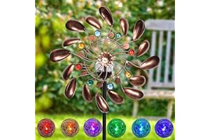 ALLADINBOX Solar Wind Spinner 57in Bronze Metal with Multi-Color LED Changing Solar Powered Glass Ball with Kinetic Windmills Dual Direction Wind Sculpture Spinners Decor for yardwind Garden Outdoor