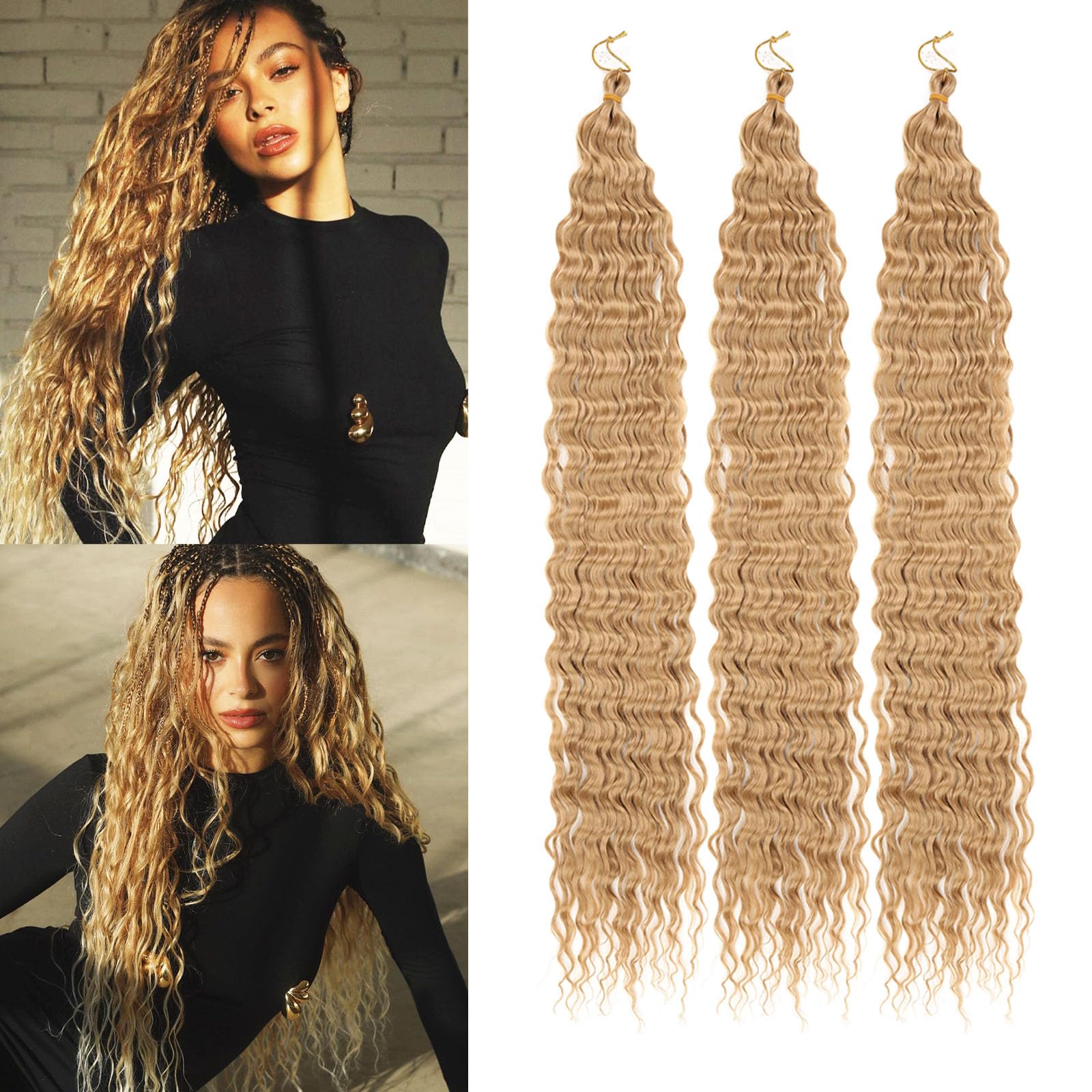Samtress Ocean Wave Crochet Hair 30 Inch Deep Wave Long Crochet Hair 3 Packs Honey Blond Curly Braiding Hair Synthetic Bohemian Twist Crochet Braid Hair Extensions (#27)