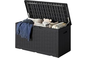 Greesum 100 Gallon Resin Deck Box Lockable Large Outdoor Storage Boxes for Garden Tools, Patio Furniture Cushions, Pool Supplies, Black