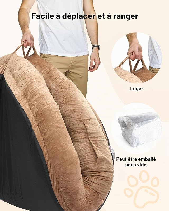 Lit pour Chien Humain 177x123x24 cm Panier Géant pour Chien en Mousse à Mémoire de Forme Orthopédique avec Poche Latérale, Poignée, Fermeture Éclair, Housse Amovible, Lavable en Machine, Marron