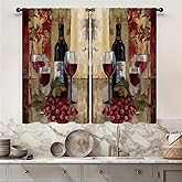 Famiffty Red Wine Kitchen Curtains 27.5W X 39L Inch 2 Panels Rod Pocket Vintage Burgundy Abstract Grapes Small Short Cafe Tier Curtains Retro Glasses Neutral Bottles Window Drapes Treatment Home Decor