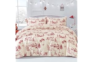 Yiran Red Christmas Duvet Cover Set with 2 Pillowcases,Cream Pink Christmas Deer Snowman Village Duvet Cover with Zipper Closure,Soft Microfiber Bedding Set King Size 104"x90"