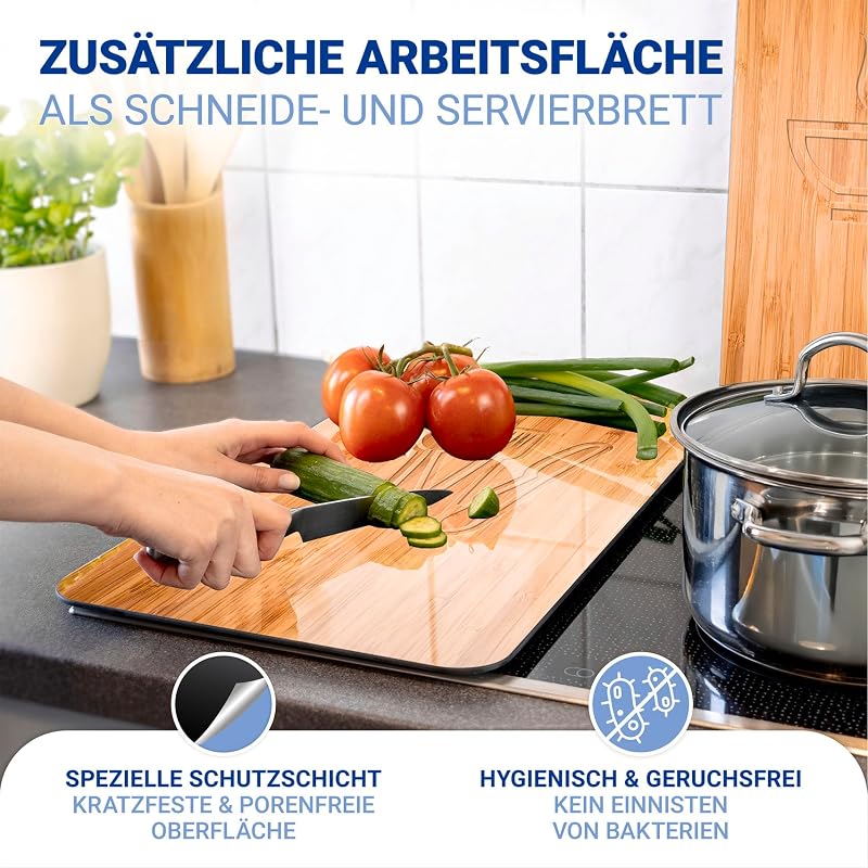 Herdabdeckplatte Universal Mod. Lunch, höhenverstellbar für alle Herdarten, Schneidebrett und Spritzschutz, Glas, 30 x 52 cm, 2-teilig