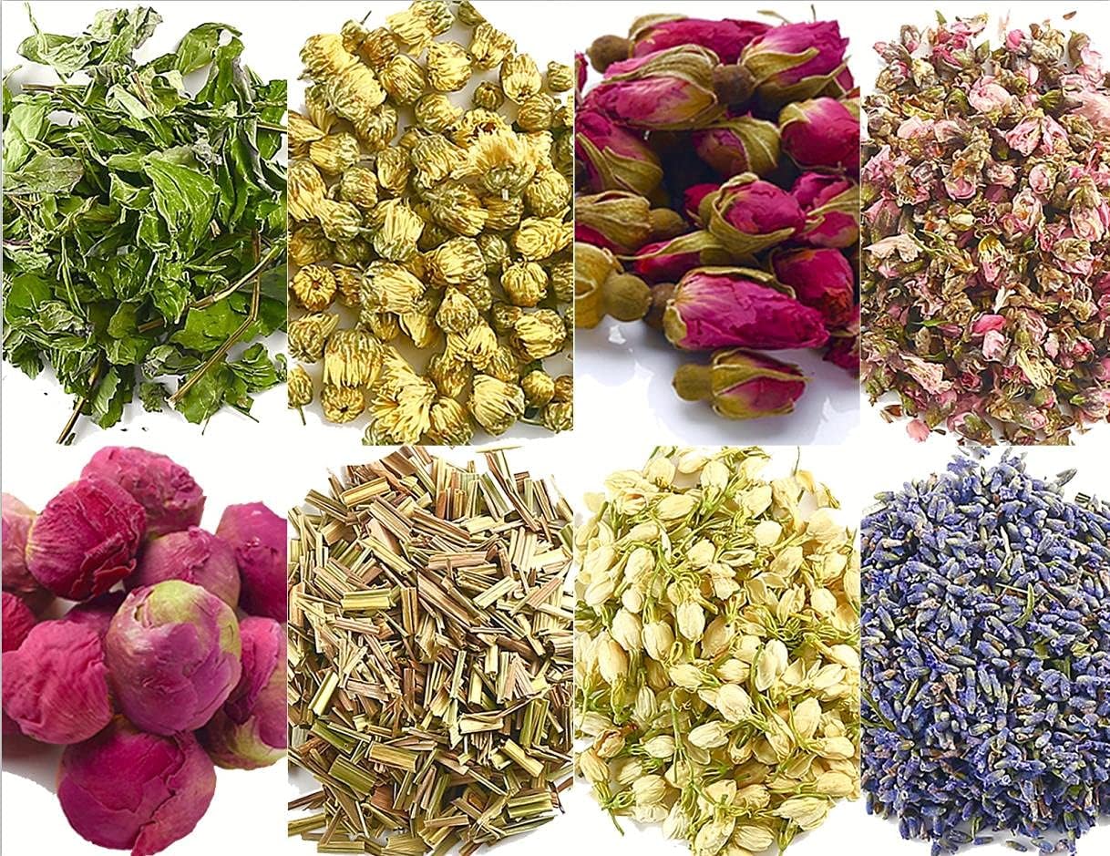 Dried & Preserved Flora - Dried Flowers and Herbs Accessories Decorations 8 Bags Set Dry Flowers Essential Supplies Rose Buds Lavender Chamomile Jasmine Scents for Flower Arrangements Crafts Bath Soap Lip Gloss Making