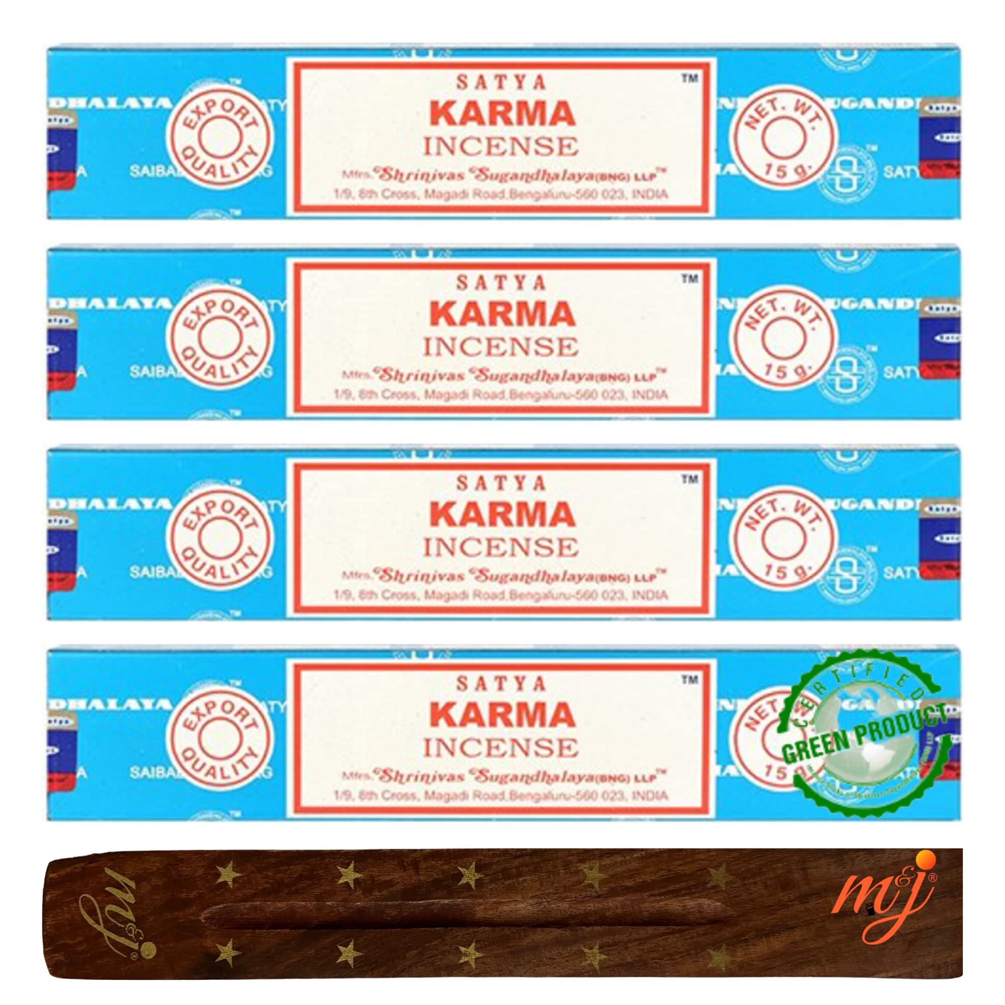 Original Satya Nag Champa Karma Incense Sticks | with M&J incense sticks holder | x4 pack | for Aromatherapy, Spa, Yoga, Weddings, Meditation, Healing, Positivity and Relaxation — image 1