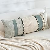Labilin Long Lumbar Pillow Cover 14x36, Boho Long Decorative Pillows with Tassels Pillowcase, Modern Abstract Woven Body Pillow Cover for Sofa Bedroom Living Room Home Decor, Dark Green + Off-White